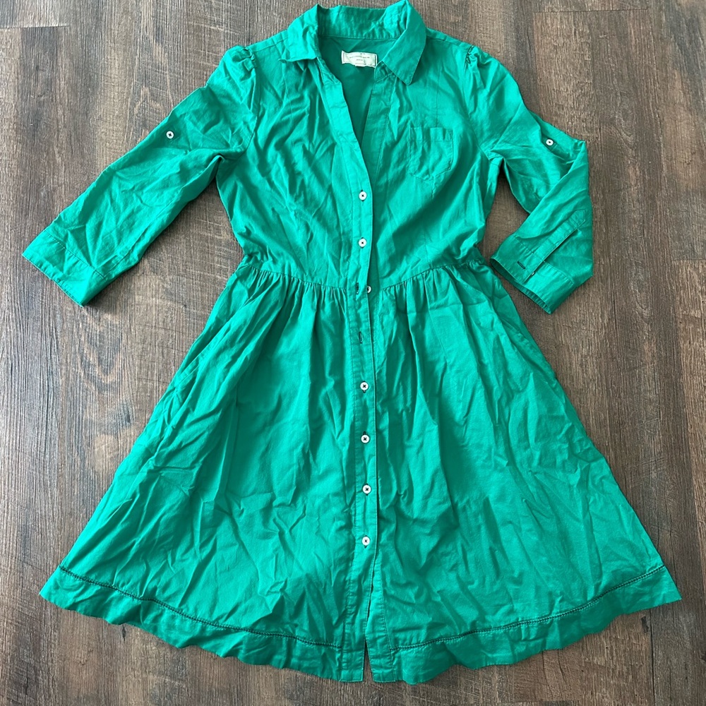 Moulinette Soeurs Anthropologie green shirt dress, navy stitching, size 8